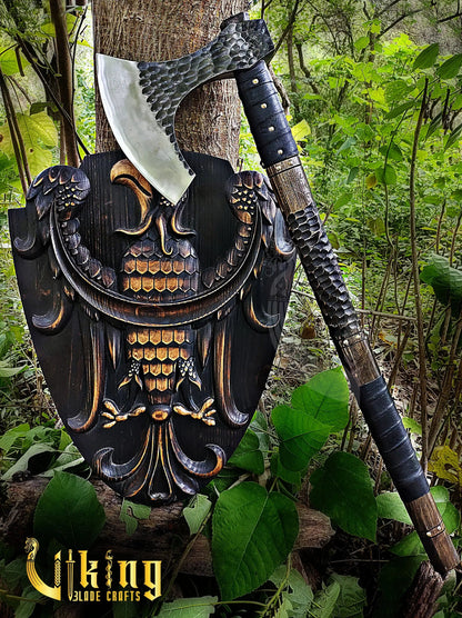 Handmade Vegvisir 36" Long Viking Axe & Carved Raven Shield – Norse Battle Set Viking_Blade_Crafts