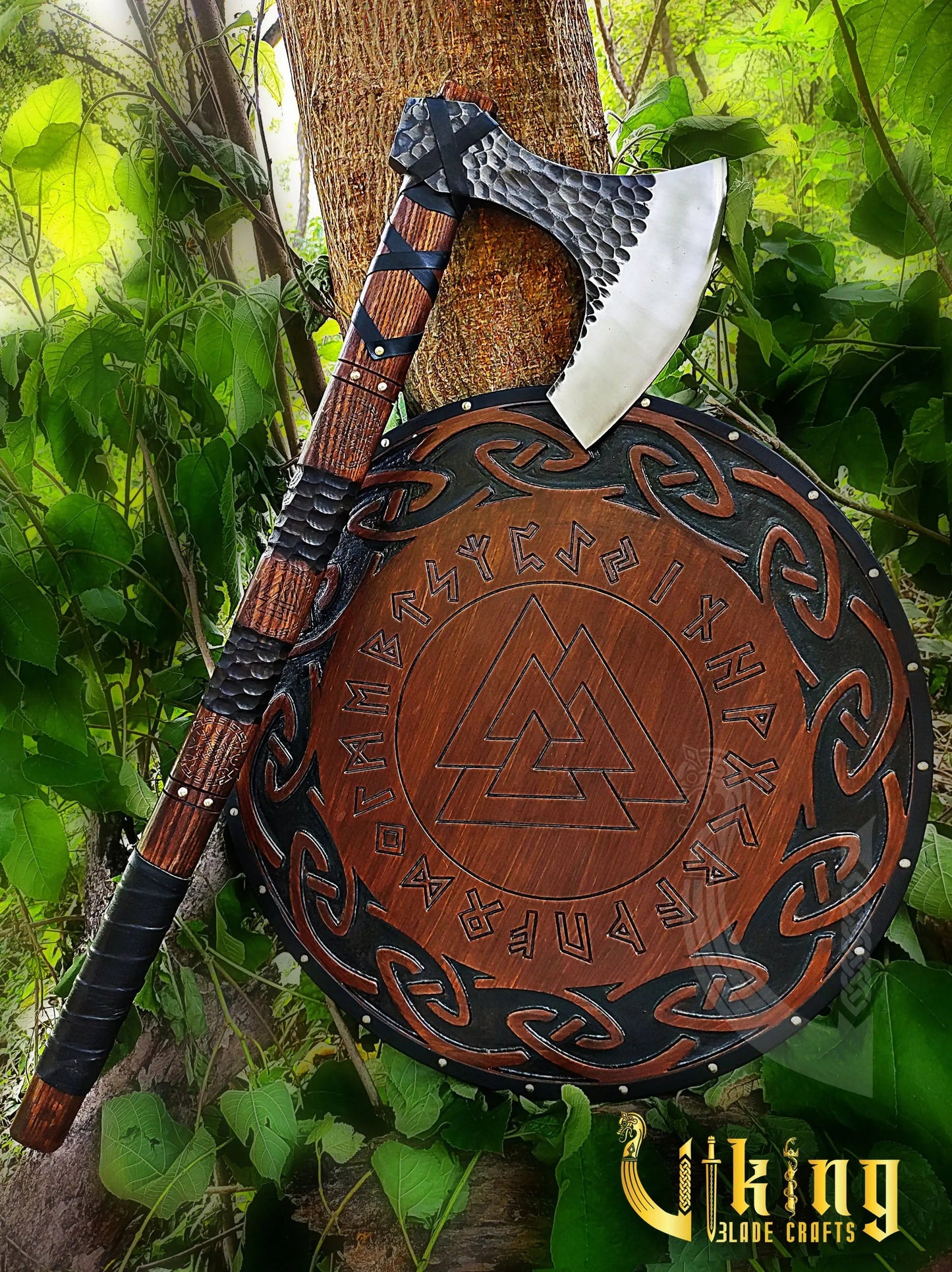 Hand-Forged 36" Long Viking Axe With Valknut & Viking Runes Shield Viking_Blade_Crafts