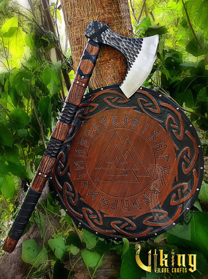 Hand-Forged 36" Long Viking Axe With Valknut & Viking Runes Shield Viking_Blade_Crafts