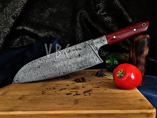 Forged Damascus Chef Knife With Red Blood Wood & Damascus Bolster Handle