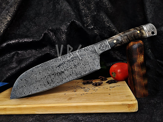 Damascus Chef Knife | Ram Horn Handle | Damascus Guard and Bolster