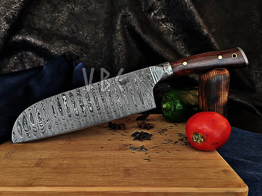 Forged Damascus Chef Knife | Rose Wood Handle | Damascus Guard & Bolster