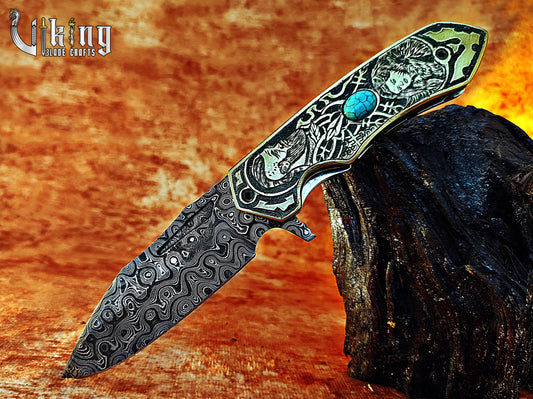 Handmade Damascus Folding Knife Shieldmaiden Lagertha & Ragnar Lothbrok Carved Handle Folding Knife