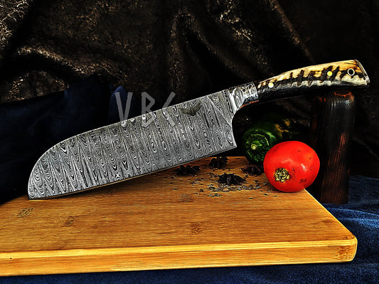 Damascus Steel Chef Knife With Ram Horn Handle & Damascus Bolster