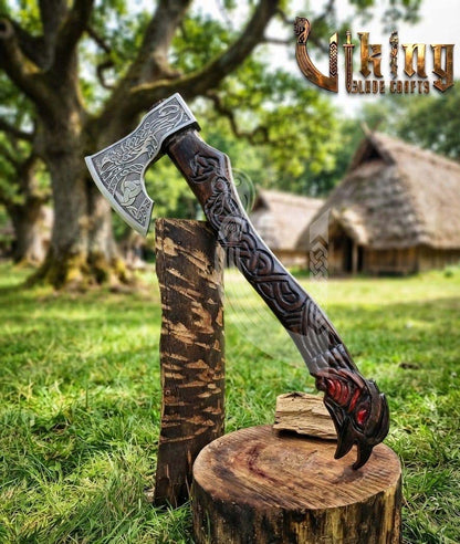 Raven Viking Axe | Hand Carved Handle | Forged Steel Hrafn