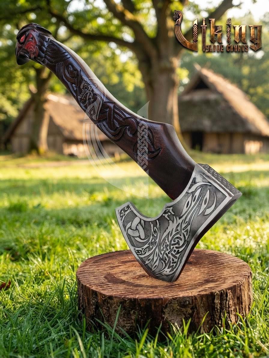 Raven Viking Axe | Hand Carved Handle | Forged Steel Hrafn