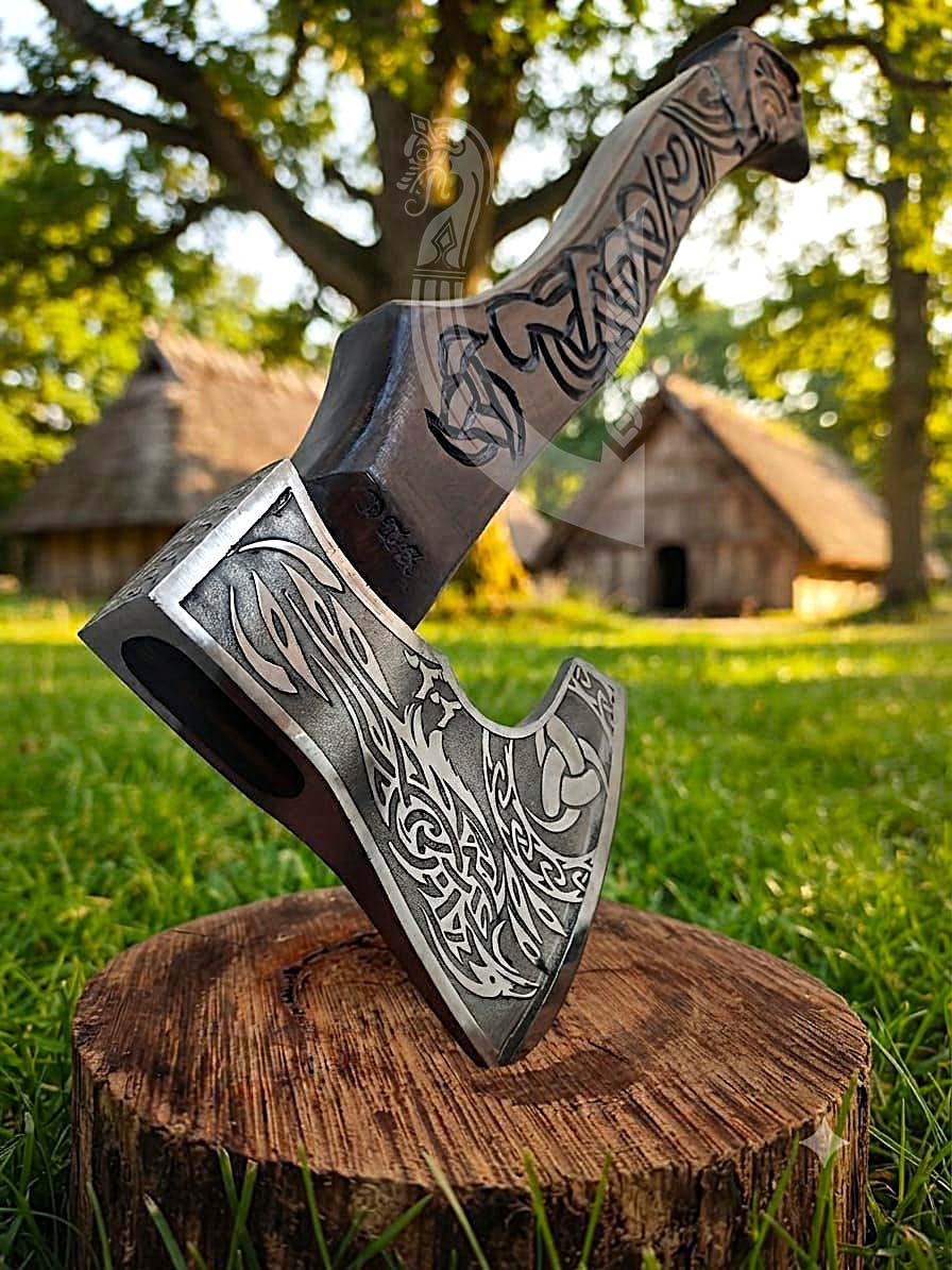 Raven Viking Axe | Hand Carved Handle | Forged Steel Hrafn
