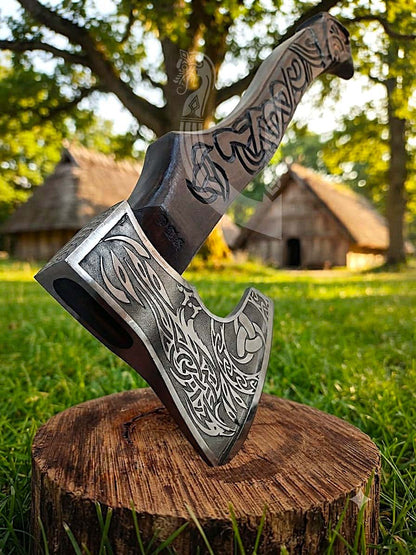 Raven Viking Axe | Hand Carved Handle | Forged Steel Hrafn