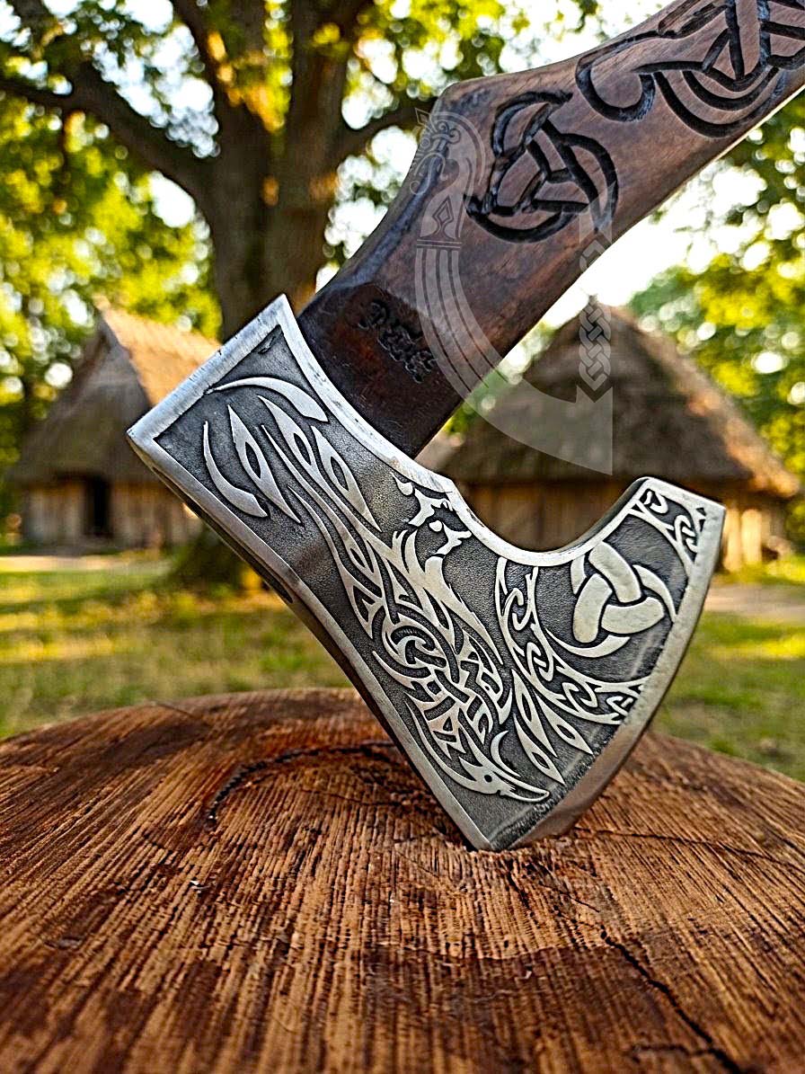Raven Viking Axe | Hand Carved Handle | Forged Steel Hrafn