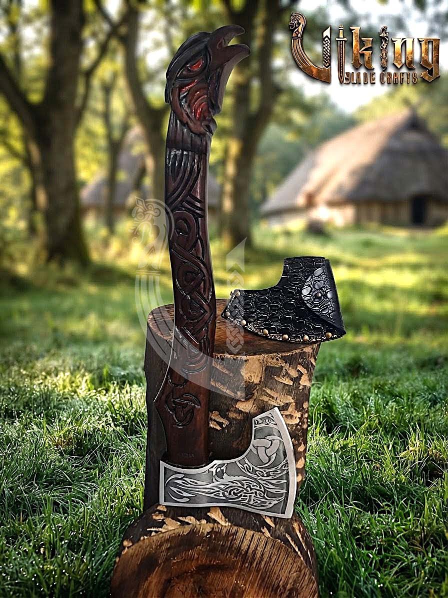Raven Viking Axe | Hand Carved Handle | Forged Steel Hrafn