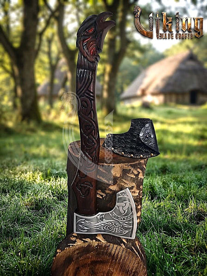 Raven Viking Axe | Hand Carved Handle | Forged Steel Hrafn