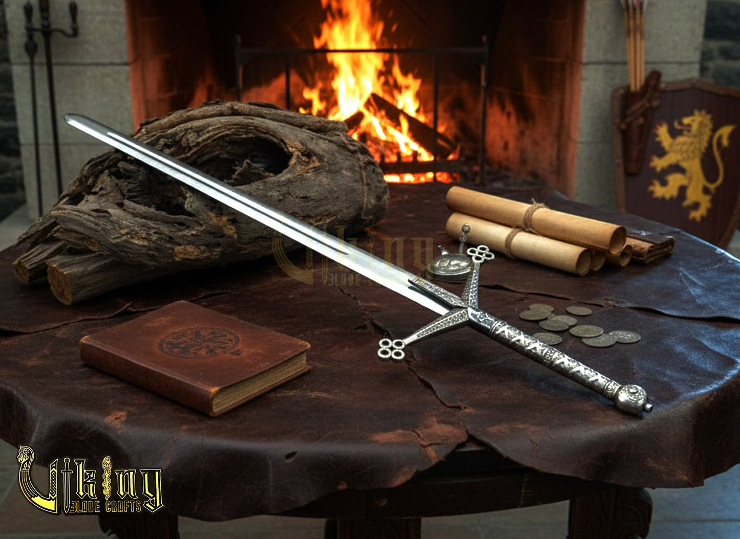 Handmade Damascus Steel Scottish Claymore Sword with Leather Sheath