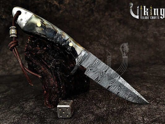 Handmade Damascus Steel Ram Horn Fixed Blade Hunting Knife