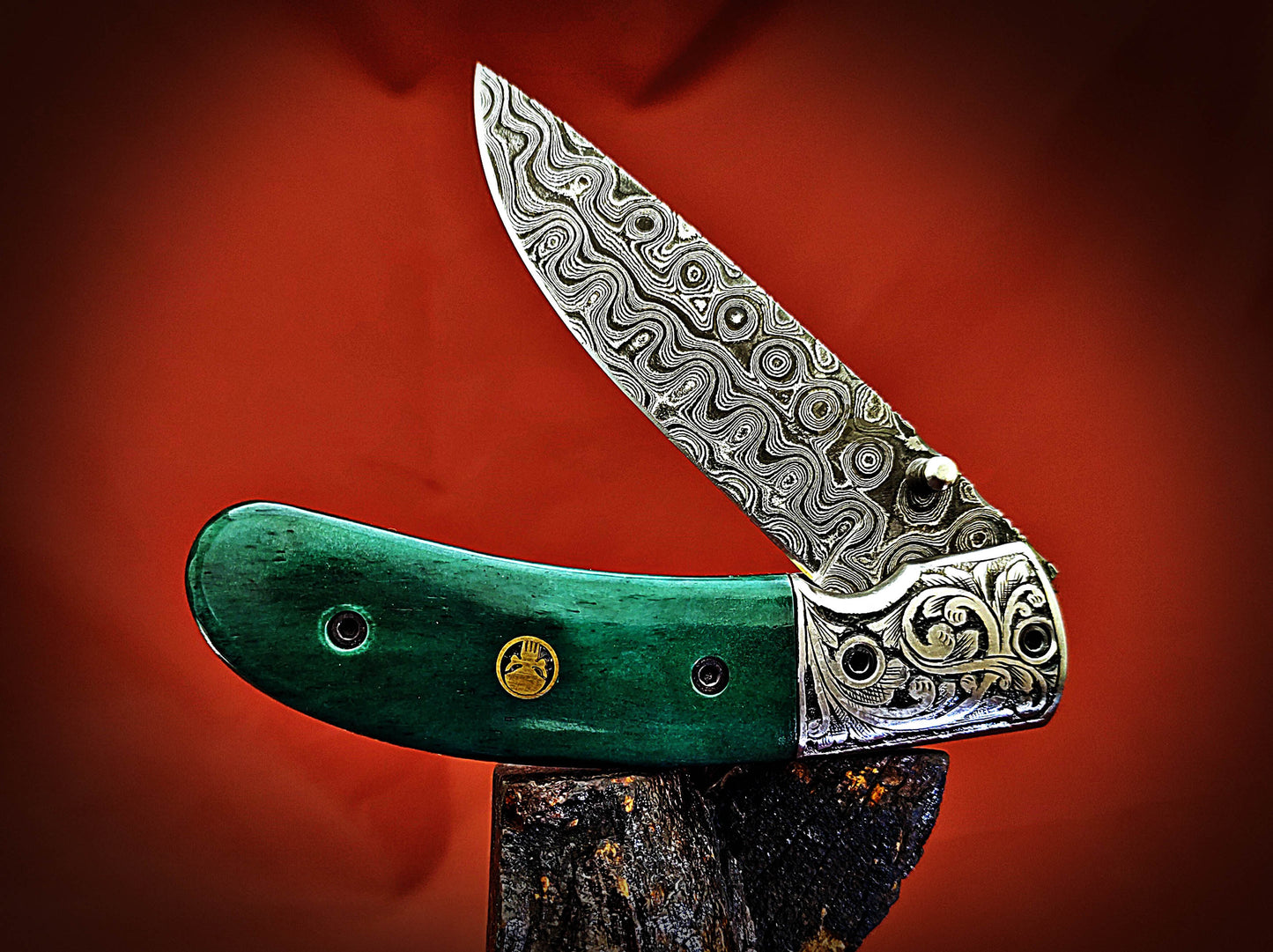 Damascus Pocket Knife with Stained Bone Handle – Ancient Hand-Carved Theme - Viking Blade Crafts