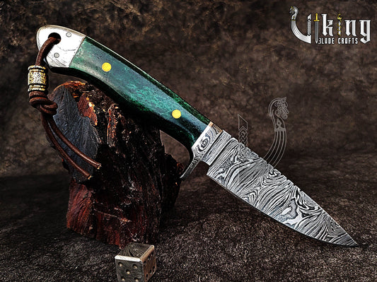 Handmade Damascus Steel Hunting Knife with Stained Bone Handle & Sheath