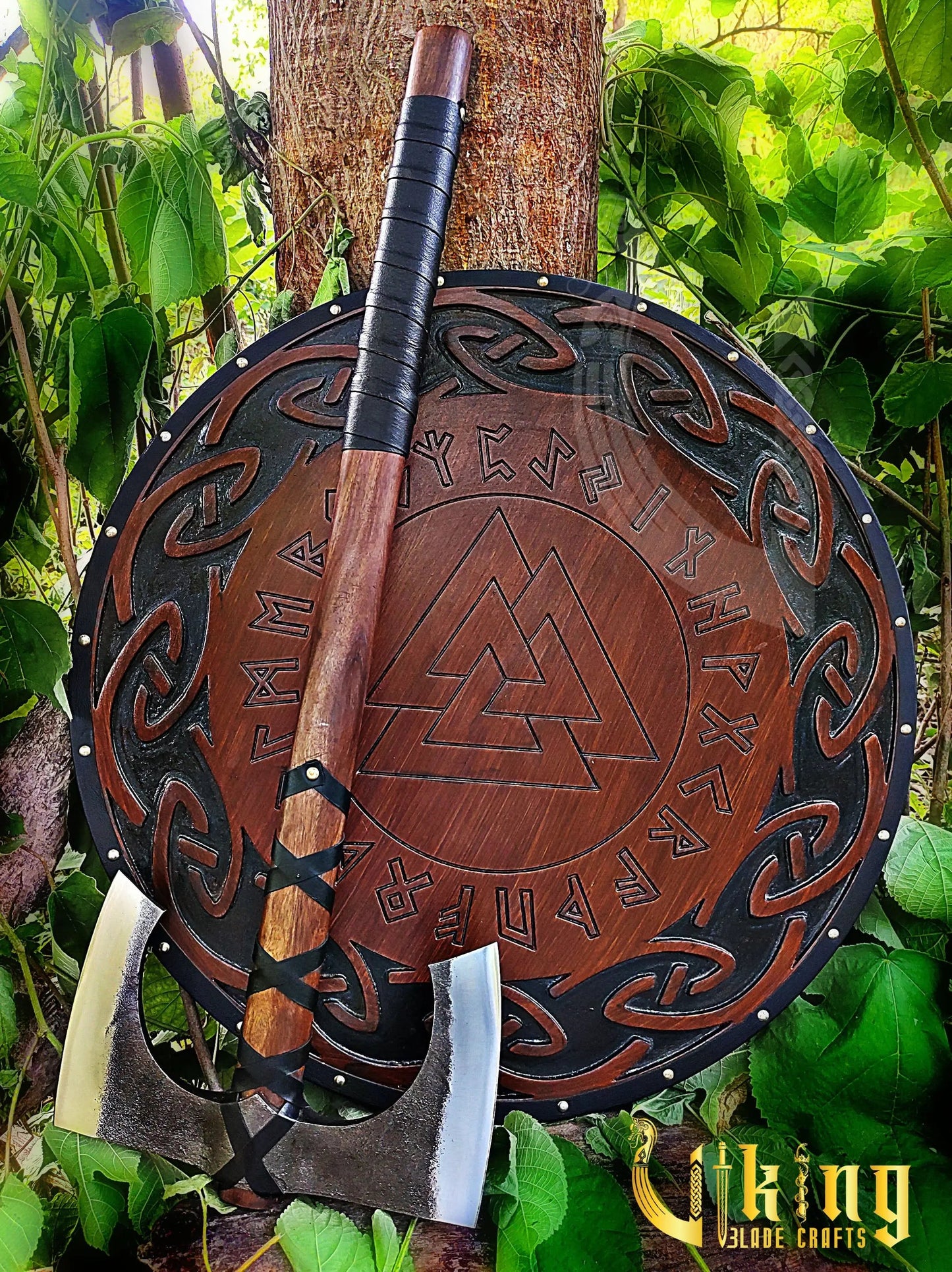Forged 30" Double Edge Viking Axe with Valknut & Viking Runes Shield Viking_Blade_Crafts