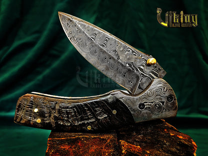 Hand-Forged Damascus Steel Knife | Raindrop Pattern | Ram Horn Handle