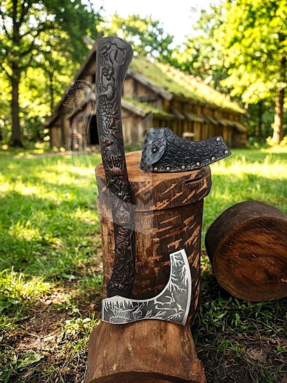 Wildlife Viking Axe | Hand Carved Handle | Forged Steel