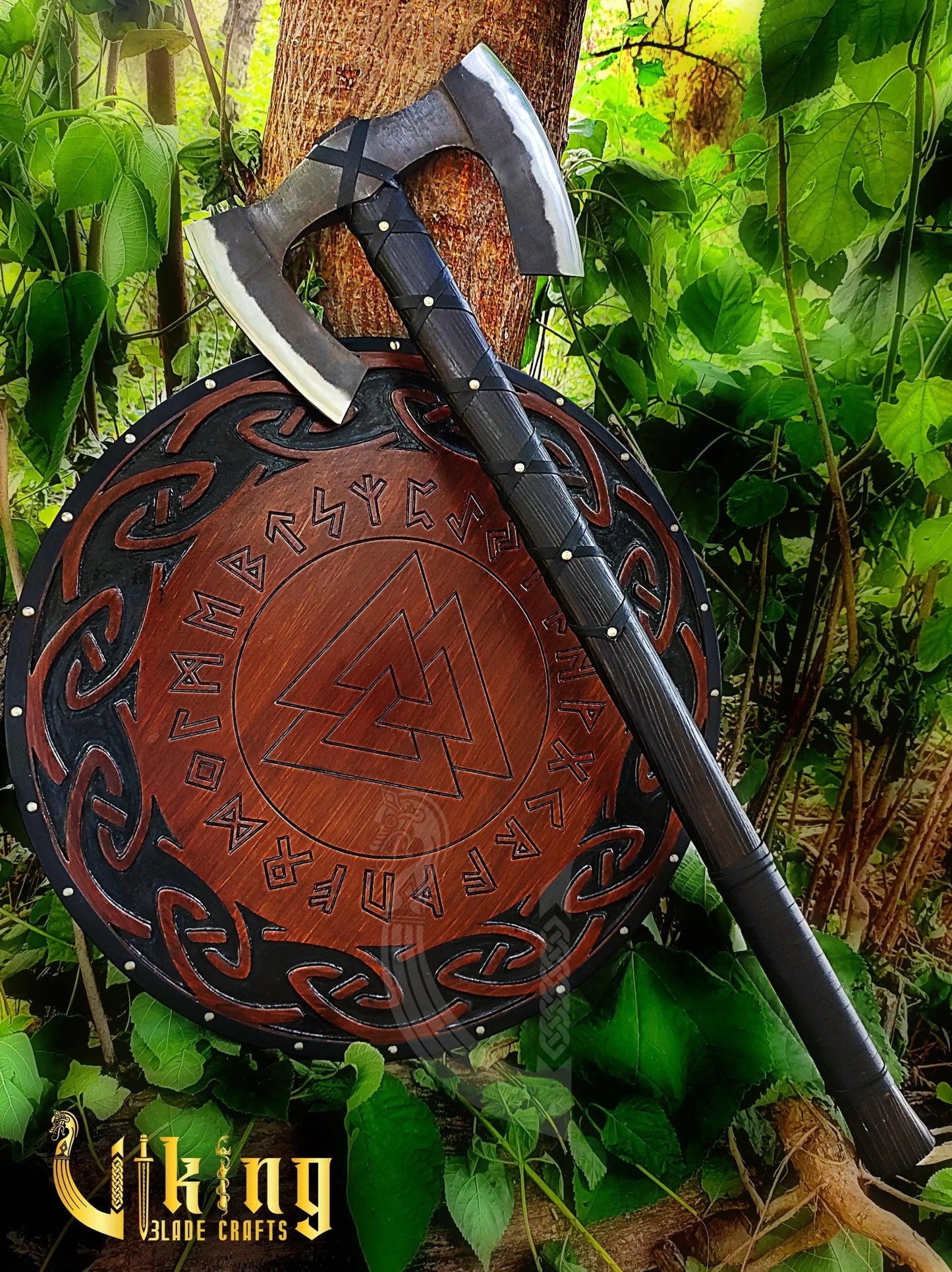 Forged Double Head 36" Viking Axe with Valknut  & Viking Runes Carved Shield Viking_Blade_Crafts