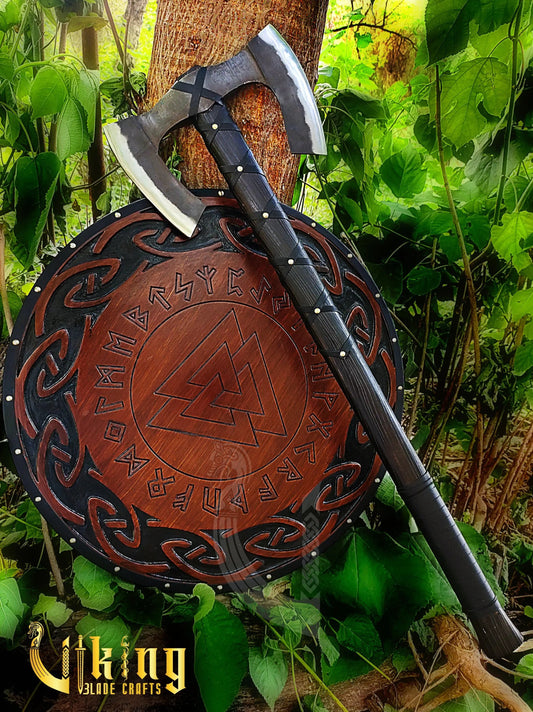 Forged Double Head 36" Viking Axe with Valknut  & Viking Runes Carved Shield Viking_Blade_Crafts
