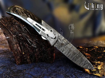 Hand-Forged Damascus Pocket Folding Knife w/ Buffalo Horn Handle & Clip