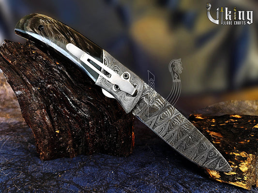 Hand-Forged Damascus Pocket Folding Knife w/ Buffalo Horn Handle & Clip