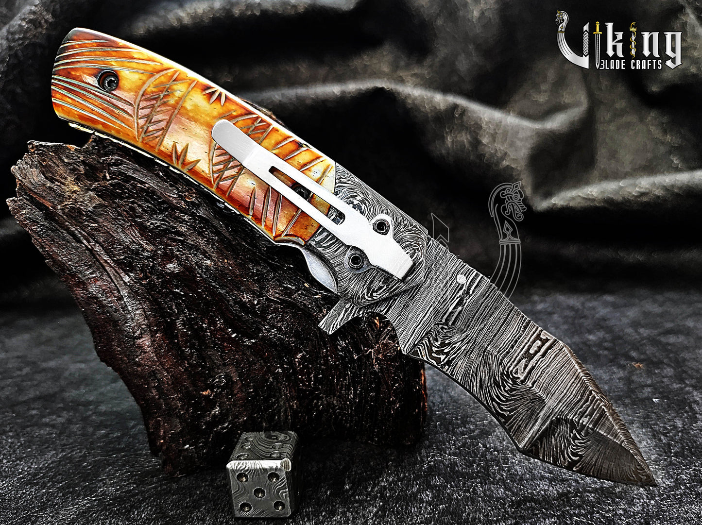 Forged Damascus Steel Folding Knife with Fire Camel Bone Handle