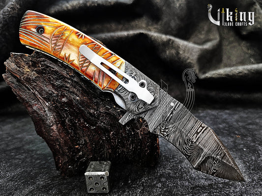 Forged Damascus Steel Folding Knife with Fire Camel Bone Handle