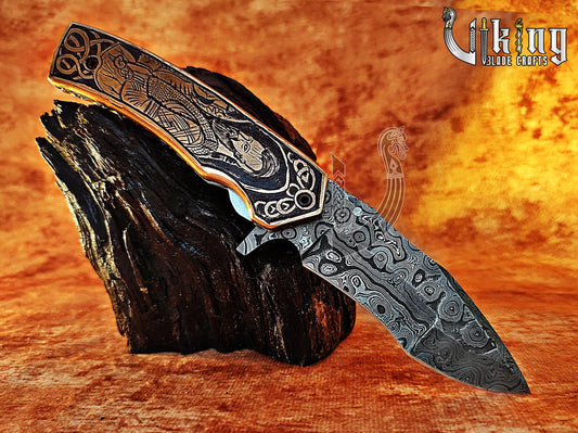 Forged Damascus Steel Folding Pocket Knife With Ragnar Lothbrok Carved Handle