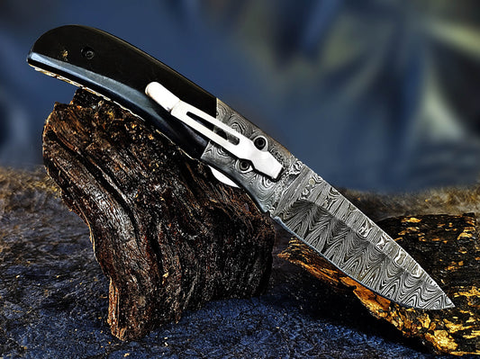 Handmade Damascus Folding Pocket Knife With Buffalo Horn Handle