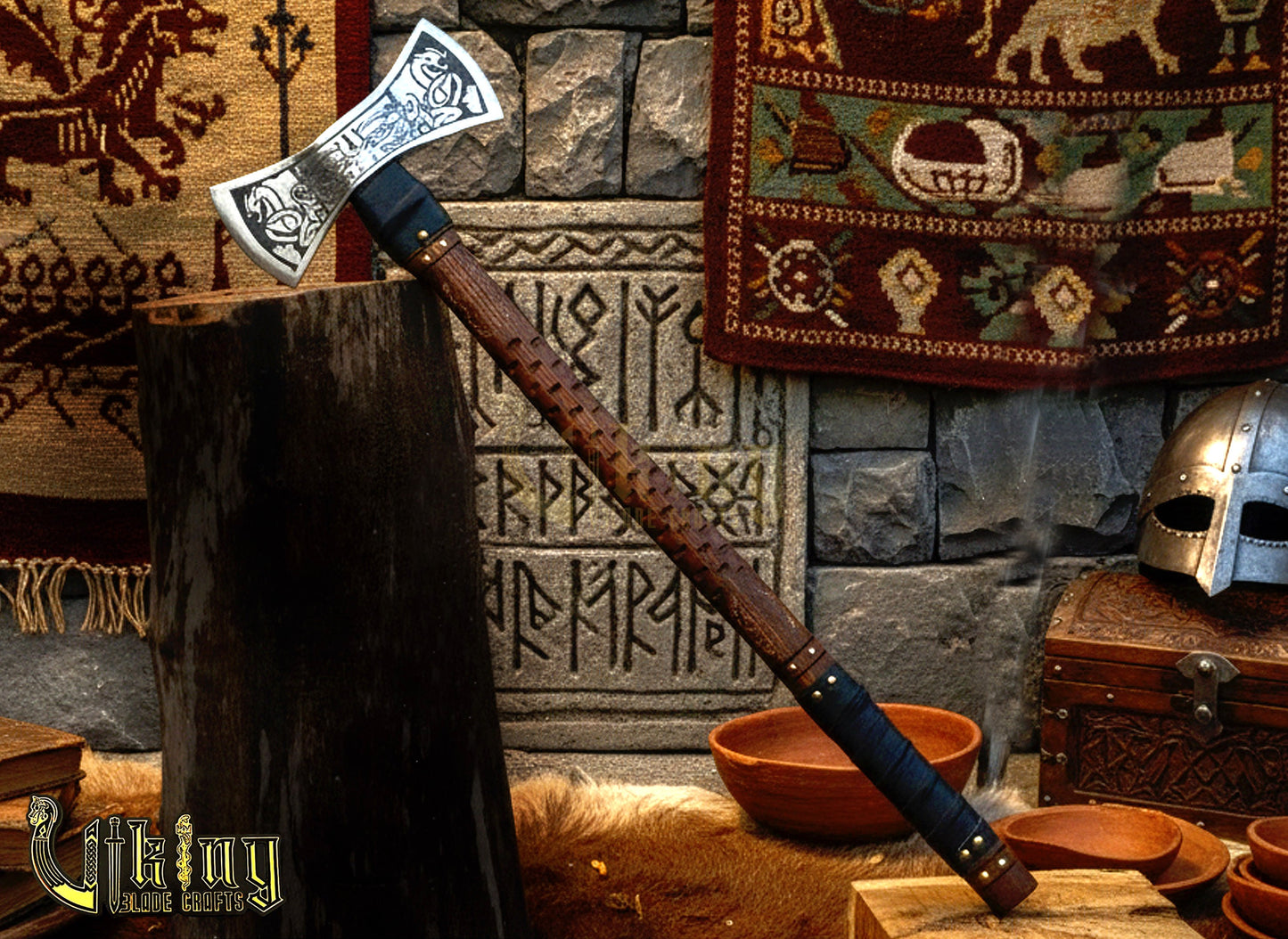 The Helm of Awe 30" Viking Axe & Carved Wooden – Norse Warrior Axe