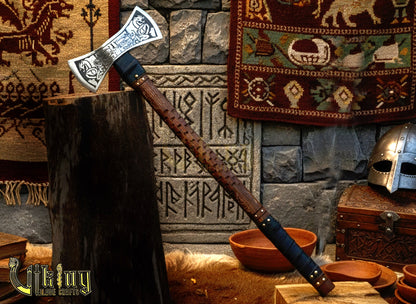 The Helm of Awe 30" Viking Axe & Carved Wooden – Norse Warrior Axe