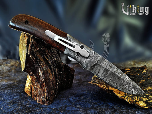 Handmade Damascus Steel Folding Knife with Rosewood Handle & Sheath