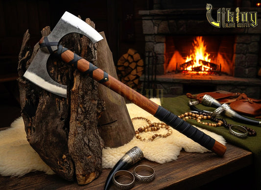 30" Double Bit Viking Battle Axe - Hand Forged Carbon Steel & Leather