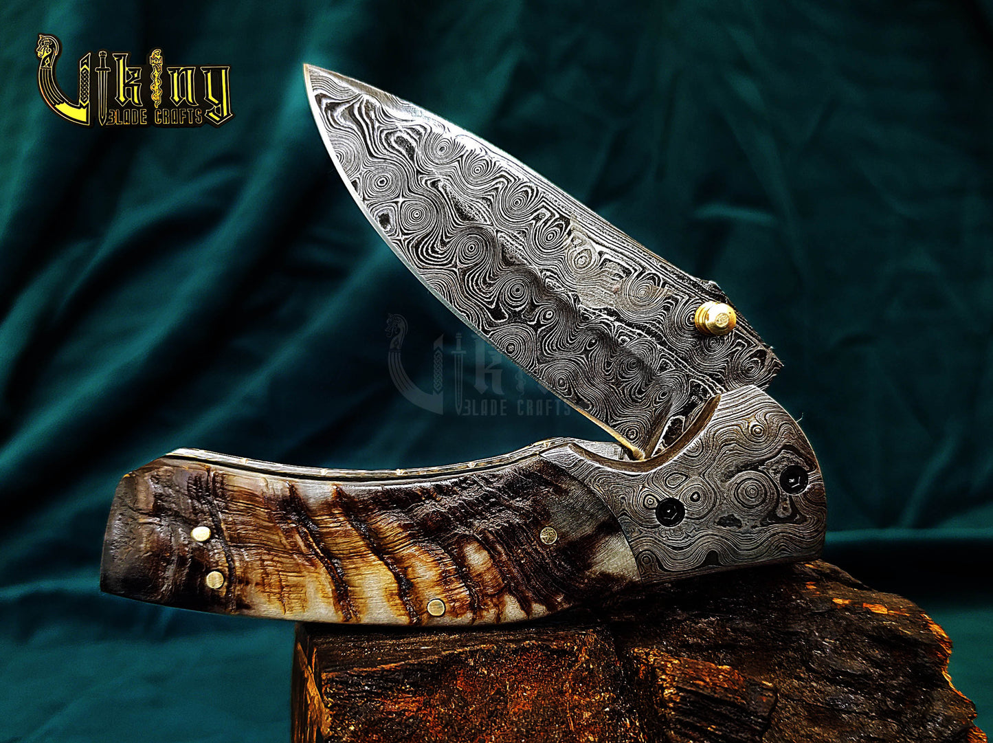 Hand-Forged Artisan Damascus Steel Folding Knife | Raindrop Pattern | Ram Horn Handle