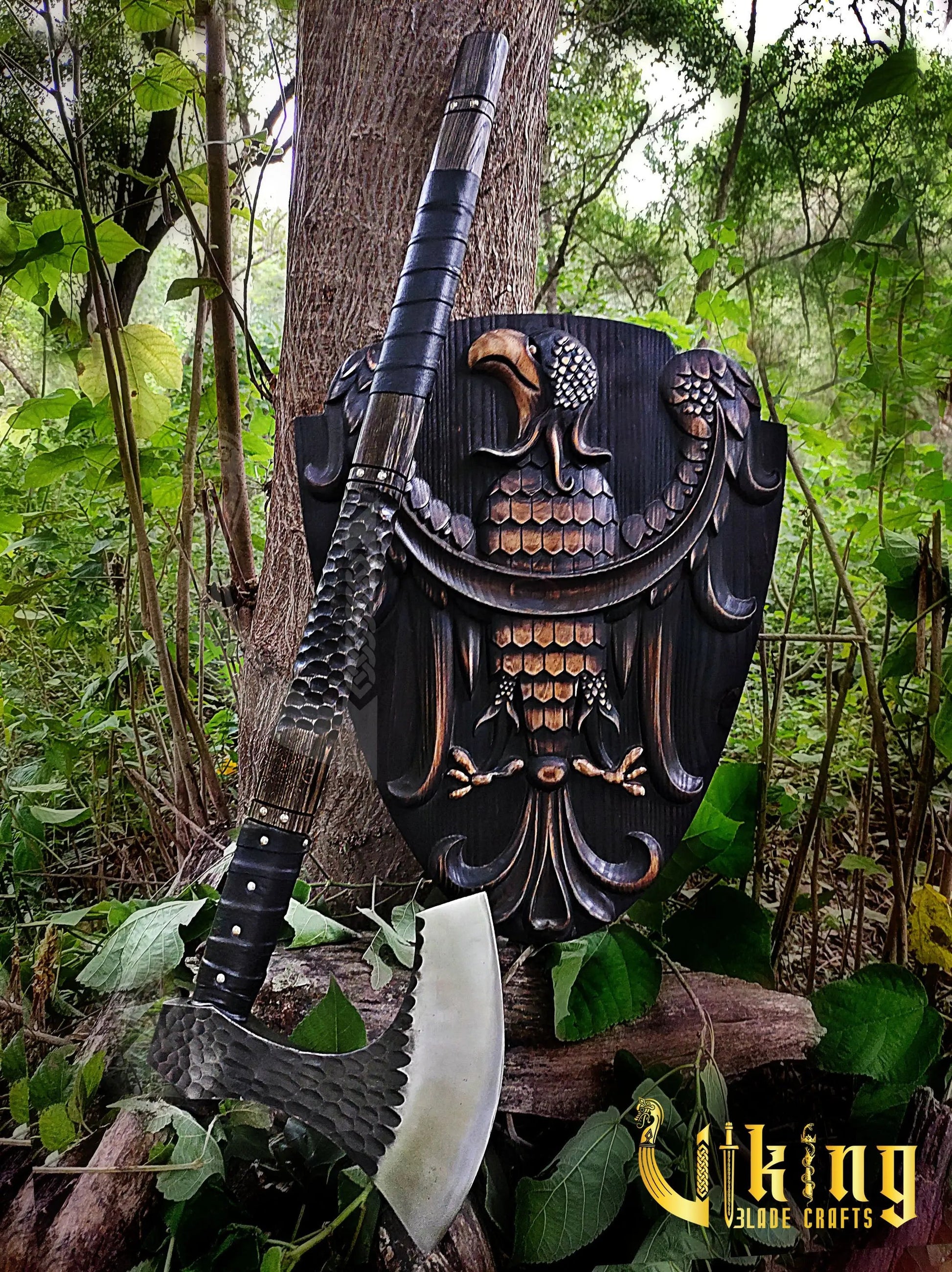 Handmade Vegvisir 36" Long Viking Axe & Carved Raven Shield – Norse Battle Set Viking_Blade_Crafts