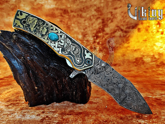 Damascus Steel Blade Folding Knife with Viking Floki-Inspired Carving Handle
