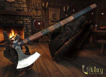 Hand-Forged 36" Viking Battle Axe with Leather Sheath
