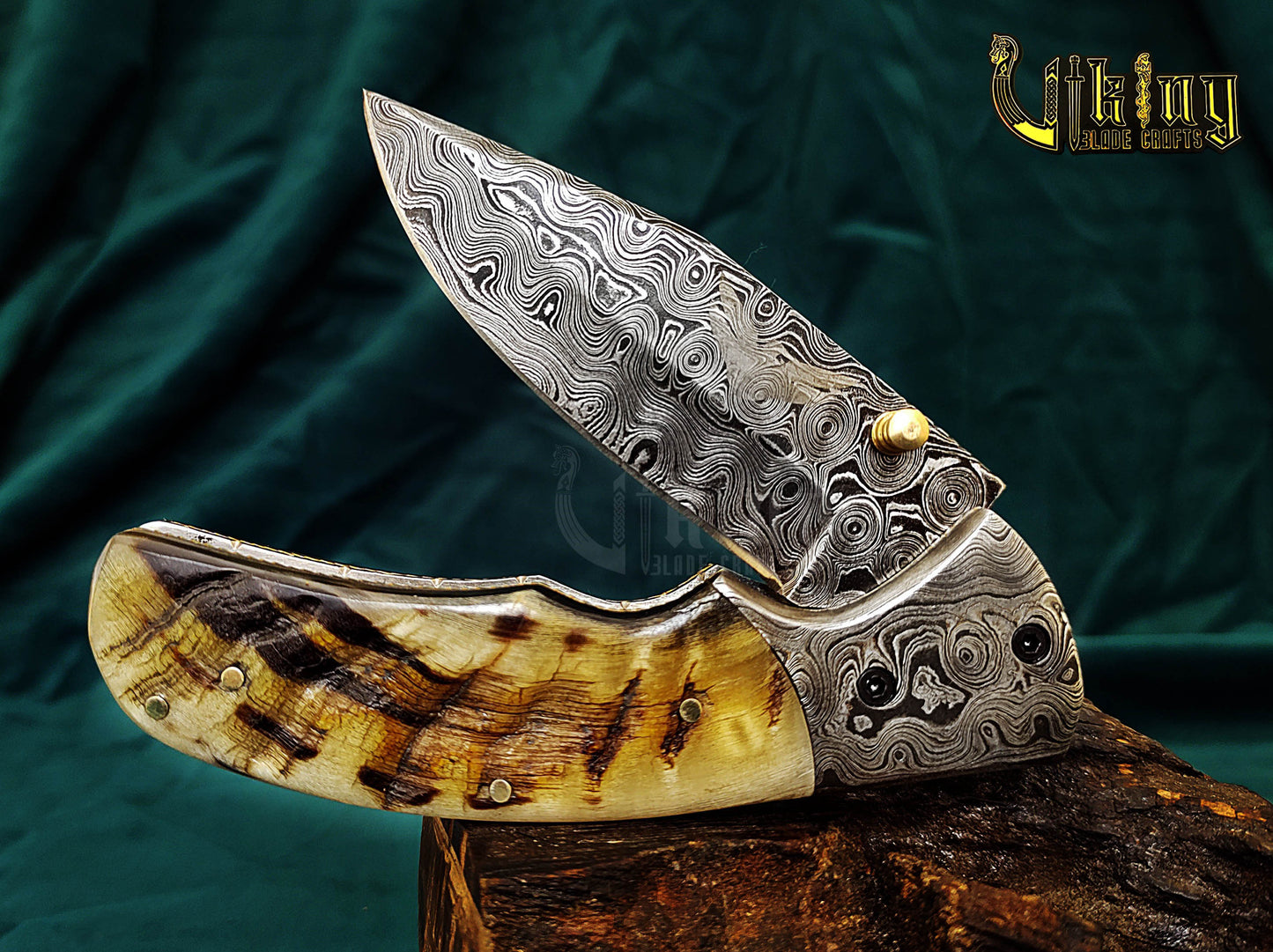 Hand-Forged Damascus Steel Folding Knife | Raindrop Pattern | Ram Horn Handle