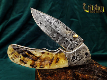 Hand-Forged Damascus Steel Folding Knife | Raindrop Pattern | Ram Horn Handle