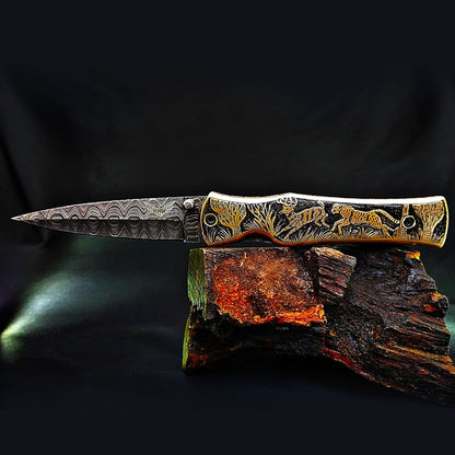 Hand-Carved Wildlife Theme Damascus Pocket Knife – Collector’s Edition - Viking Blade Crafts