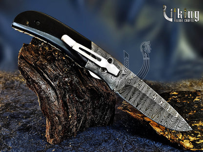 Hand-Forged Damascus Folding Knife with Ebony Wood  & Ladder Blade