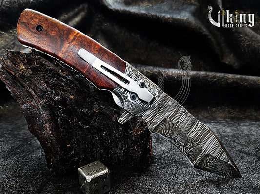 Damascus Steel Folding Pocket Knife With Sheath Rose Wood Handle