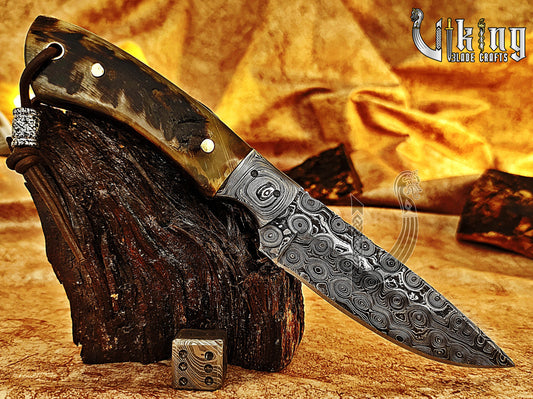 Forged Damascus Steel Hunting Knife With Bolster & Ram Horn Handle