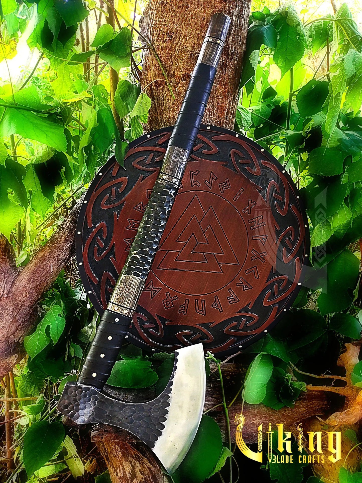 Handmade Vegvisir 36" Long Viking Axe & Rune-Engraved Valknut Shield – Norse Battle Set Viking Blade Crafts
