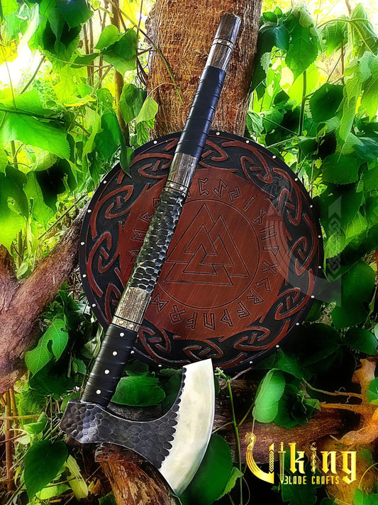 Handmade Vegvisir 36" Long Viking Axe & Rune-Engraved Valknut Shield – Norse Battle Set Viking Blade Crafts