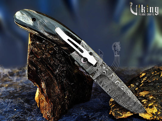 Damascus Folding Knife with Buffalo Horn Handle & Damascus Steel Clip