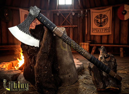 Handmade Vegvisir 36" Viking Axe & Rune-Engraved Valknut – Norse Warrior Axe