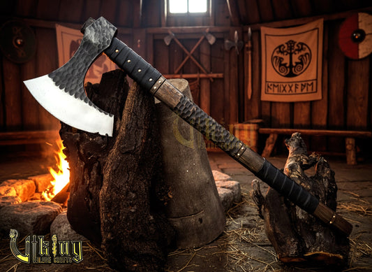 Handmade Vegvisir 36" Viking Axe & Rune-Engraved Valknut – Norse Warrior Axe