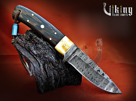 Damascus Steel Fixed Hunting Knife With Wenge Wood & Bone Handle